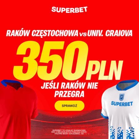 350 PLN jeśli Raków Częstochowa nie przegra w meczu z Universitatea Craiova
